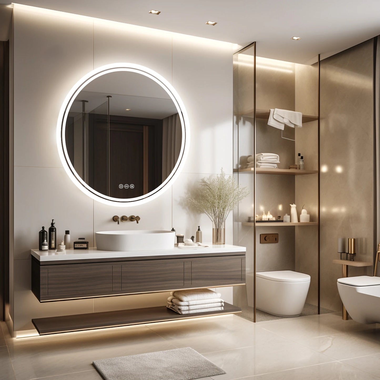 Bathroom Mirror -  Round - with LED Lights Circle & Anti-Fog