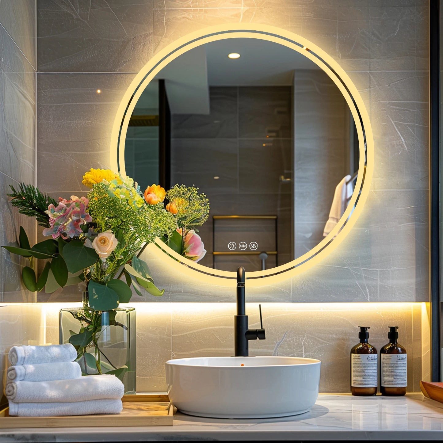 Bathroom Mirror -  Round - with LED Lights Circle & Anti-Fog